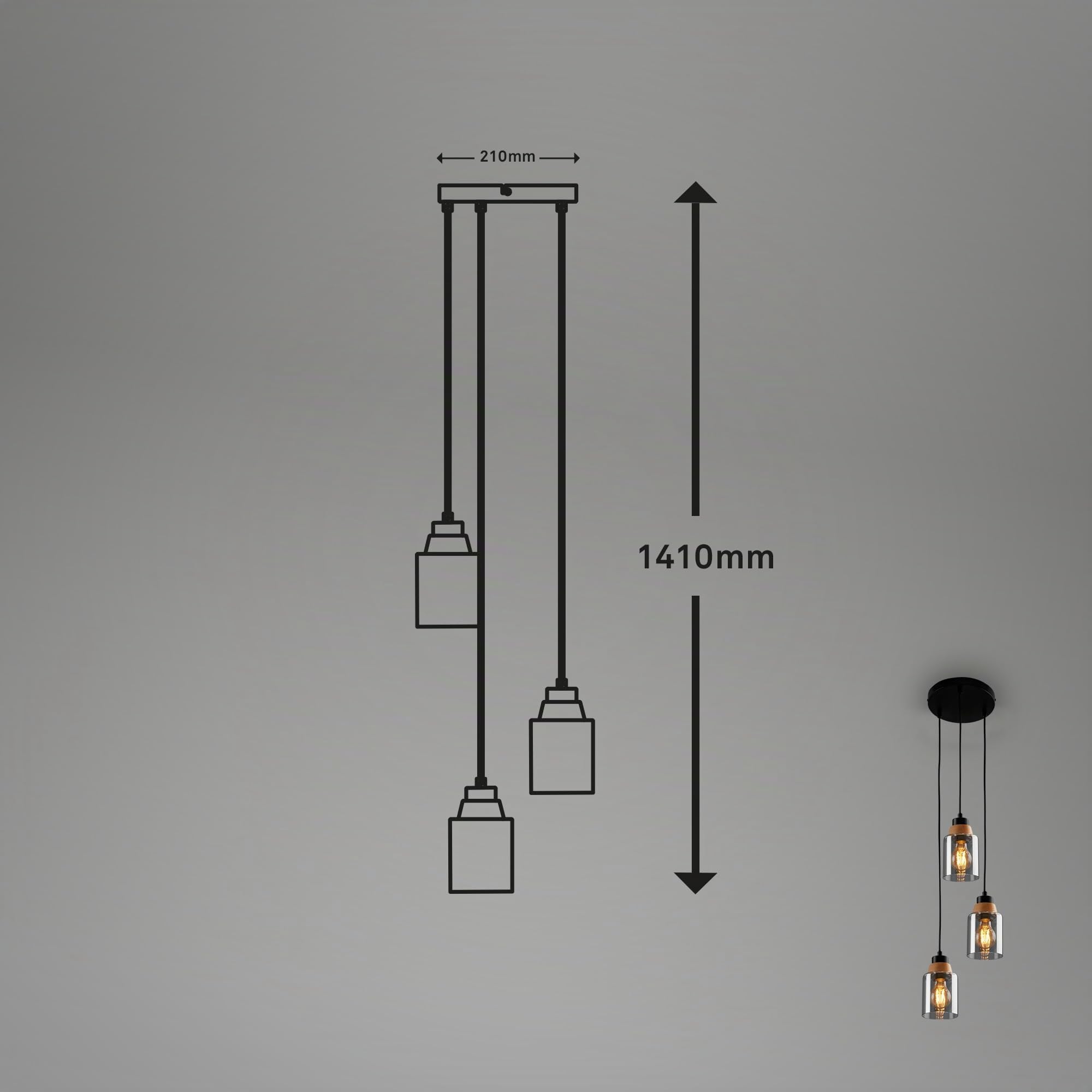 BRILONER - Lámpara Colgante de 3 Luces, Cristal Ahumado, Lámpara de Techo, Lámpara de Salón, Pantalla de Cristal Ahumado, Lámpara Colgante, Lámpara de Araña, Lámpara de Dormitorio, Madera Negra