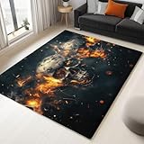 Large Rugs for Living Room - 120 x 180 cm Machine Washable Soft Low Pile Non-Slip Carpet Gothic Flame Skull Pattern Orange Black Area Rugs for Bedroom Dining Room, Stain Resistant Carpet