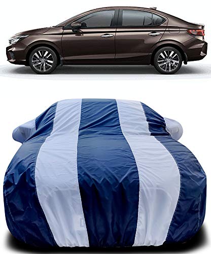 Image of PURPLEHEART Car Body Cover Compatible with Honda City ZX Mirror Pocket Triple Stitched Bottom Elastic Water Resistant UV Protection & Dustproof Car Cover-Blue & White