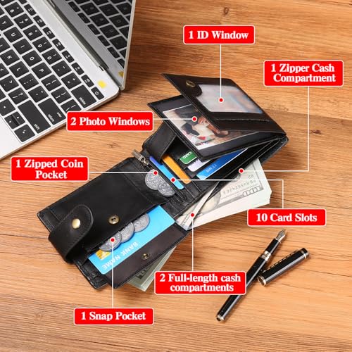 GOIACII Wallet for Men Front Pocket Vintage Genuine Leather RFID Blocking Card Holder With ID Window Black2