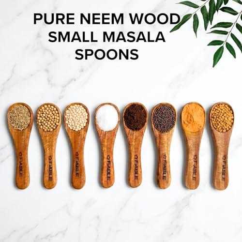 Image of FiABLE Pure Neem Wood Small Spice Spoons | Spoon for Pickle| Masala Spoon | Unpolished Multipurpose Set of 8 Spoons | Naturally Antimicrobial - Small Spoon Set of 8