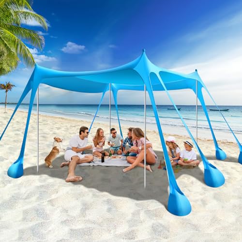 Rhino Valley 3x3m Tenda da Spiaggia Ultra Stabile Portatile, Protezione UV UPF50+ Tenda da Mare Super Antivento con 8 Ancoraggi a Sabbia Riempibili e 4 Aste in Alluminio