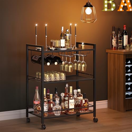 Image of Joaxswe Bar Cart,3-Tier Home Bar Serving Cart with Lockable Wheels,Black