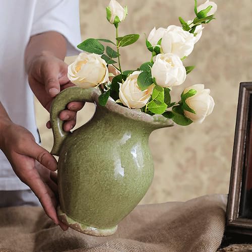 Amazon.co.jp: 陶器 花瓶 フラワーベース グリーン 取っ手付き 地中海