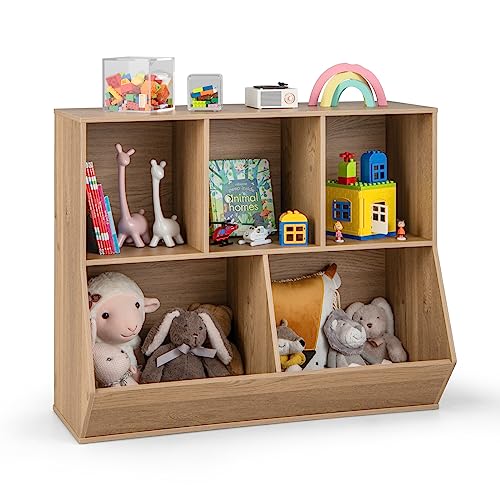 Image of Costzon Toy Organizers and Storage with Bookshelf, Wooden 5 Cubby Children’s Book Shelf Toy Storage Cabinet Bookcase for Kids Room, Playroom, Kindergarten, Nursery (Natural)