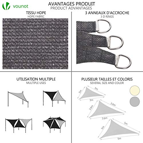 Vounot® Tenda Da Sole Per Esterno, 5X5X5 M Vela Ombreggiante Triangolare Con Kit Di Fissaggio, Tenda A Vela, Traspirante Hdpe Protezione Uv, Per Giardino, Balcone, Terrazza, Grigio - 4