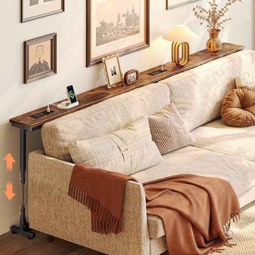 Huuger 78.7 Inch Height Adjustable Behind Couch Table with Power Outlets 23.9-34.4 Range Sofa Tables Narrow Long with USB-C Ports Skinny Console Table for Small Spaces Rustic Brown