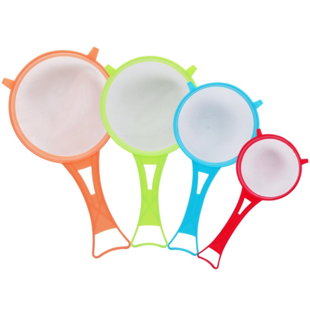 Set di 4 colini a rete fine per alimenti, latte di soia, farina, setaccio in plastica con manico lungo, multiuso per yogurt, tè, succo, zucchero, utensili da cucina