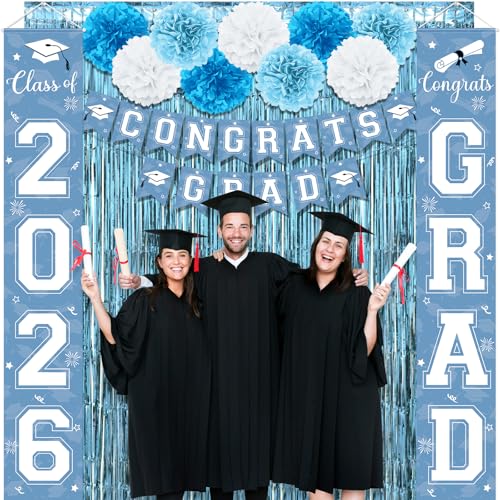 Image of Graduation Party Decorations Class of 2026, Graduation Decorations with Congrats Grad Banner Fringe Foil Curtain Paper Flower Ball Balloon for High School College Graduation Party Supplies, Light Blue