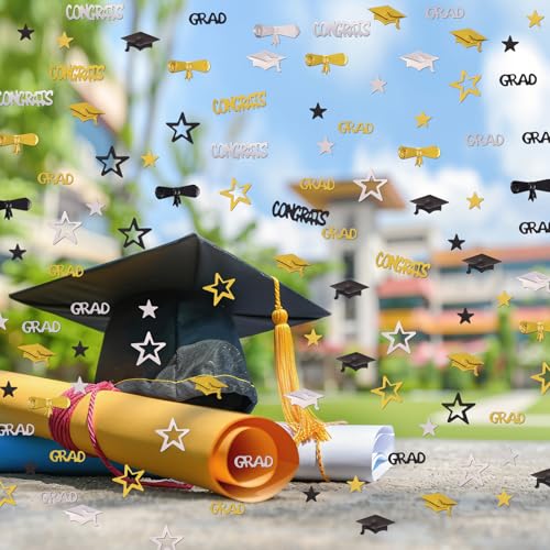Image of Silver Gold and Black Graduation Confetti 2026, 1000 Pcs Congrats Grad Confetti Class of 2026 Party Table Centerpiece for Graduation Party Decorations
