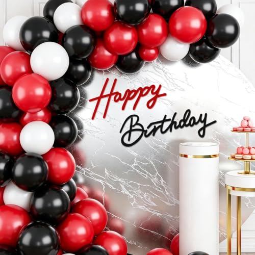 Image of TONIFUL Happy Birthday Sign for Backdrop - Black Red Felt Banner - Includes Dot Glue - Perfect for Birthday Party Backdrop,Wall Decr,Balloon Arch,Photo Background