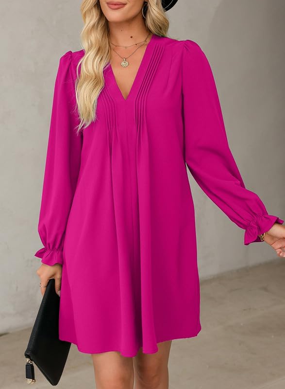Image of Dokotoo Womens Casual Dress A-Line Ruffle Sleeve V Neck Midi Dress 2025 Fashion Pleated Flowy Sundress Loose Shirt Dresses