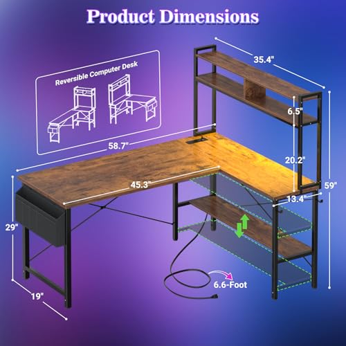Image of Aheaplus L Shaped Desk Gaming Desk, 59 inch L Shaped Computer Desk with LED Light & Power Outlet, Reversible Home Office Desk Gamer Desk with Shelves & Storage Bag & Hooks, Corner PC Desk, Rustic Brown
