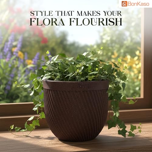 Image of Bonkaso 12 Inch Seltos Ribbed Planter for Indoor & Outdoor Use | Round Heavy Duty Polymer Flower Pot | Lightweight Weather Resistant Modern Gamla for Living Room Balcony & Terrace (Brown)