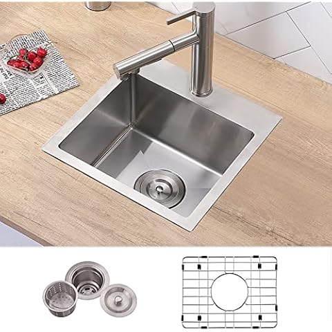 VCCUCINE Topmount Bar Sink,15 x 15 Inch Square Workstation RV Drop in Bar Sink, Outdoor 18 Gauge Wet Bar Prep Sink with Strainer, One hole Cover