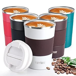 Reismokken, KETIEE 380 ml geïsoleerde koffiebeker met lekvrij deksel, herbruikbare koffiebekers reisbeker, koffiemok, dubbelwandige koffiemok, roestvrijstalen thermische mok voor warme koude dranken, wit