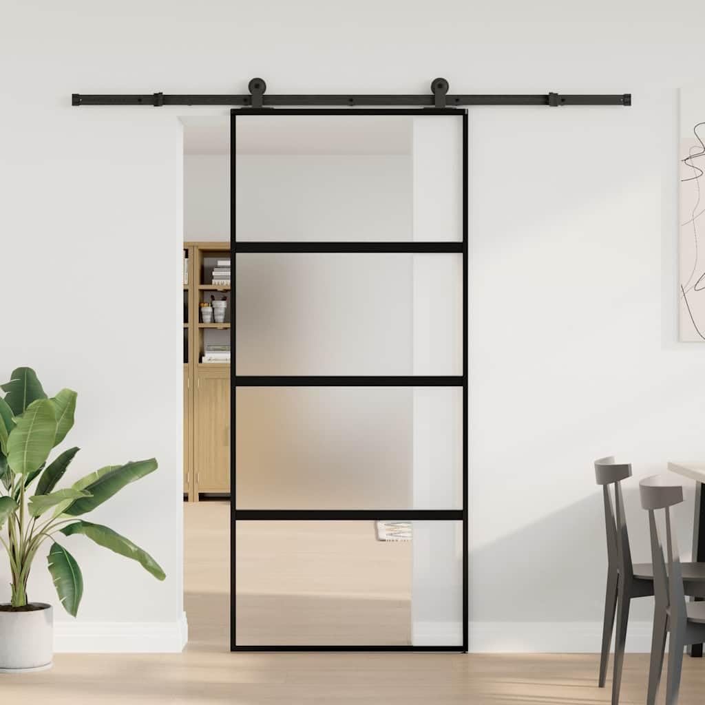 Porte coulissante avec kit de ferrure, 90 x 205 cm, verre trempé et aluminium, système robuste pour la maison, peu encombrant, silencieux, intérieur