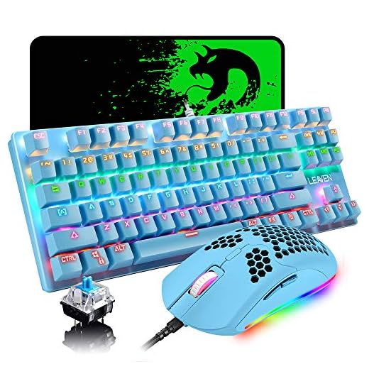Gaming Keyboard and Mouse Combo,87 Keys Rainbow Backlit Mechanical Keyboard,RGB Backlit 6400 DPI Lightweight Gaming Mouse with Honeycomb Shell,Large Mouse Pad for PC Game(Blue)
