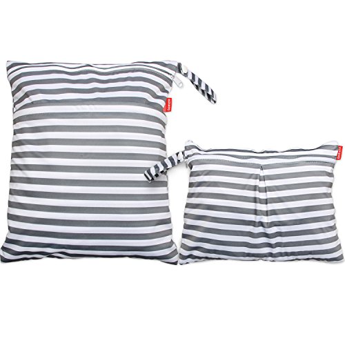 Image of Damero 2pcs Travel Wet and Dry Bag with Handle for Cloth Diaper, Pumping Parts, Clothes, Swimsuit and More, Easy to Grab and Go, Gray Strips