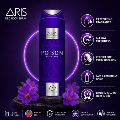 Image of Aris Deodorant Body Spray - Poison, 200ml | Long lasting deo for Woman | USA