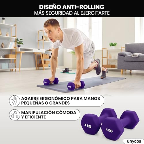 unycos - Pesas y Mancuernas Antideslizantes【Hierro | Neopreno】de 1 kg a 10 kg - Suaves al Tacto para Hombres y Mujeres, Diseño Ergonómico, Anti-Rodadura, Gimnasio en Casa, Fitness - Imagen 5