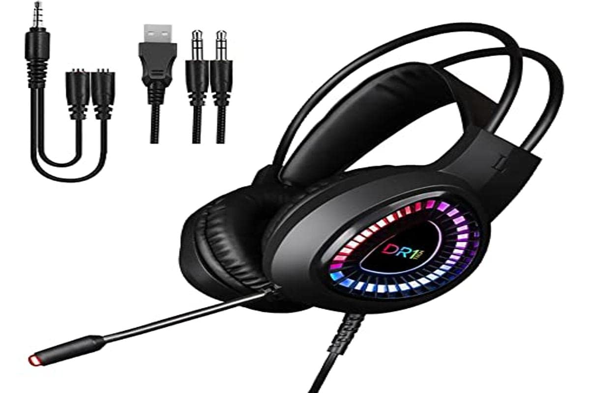 DR1TECH FireScout+ LED Headphones with Cable and Microphone for PC/PS/XBOX - 40 mm Over Ear Headphones Driver with Audio Stereo - 3.5 mm Jack Plug and USB + Adapter Included