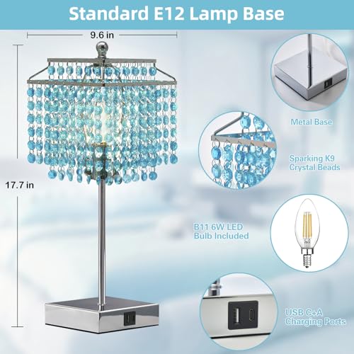 Image of Luvkczc Crystal Table Lamp with Touch Control, Bedside Crystal Table Lamp | with USB C+A Ports, Dimmable Lamp for Girls Bedroom, Living Room, Light Blue & B11 LED Bulb Included
