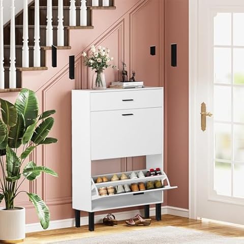 Noskatu Slim Shoe Cabinet with Doors Wooden Free Standing Shoe Rack with 2 Flip Drawers Modern White Shoe Storage Cabinet with Drawer for Entryway Hallway Living Room Bedroom Apartment Cover