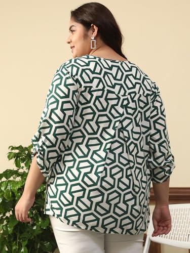 Image of oxolloxo Women Plus Size Green Abstract Rayon Print V-Neck with Long Roll up Sleeve & Pleate Detail Top