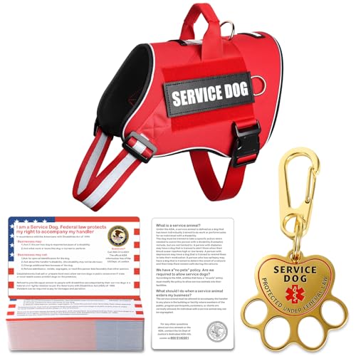 MOOGROU Service Dog Vest 50 ADA Cards ID Tag Adjustable Service Dog Harness with Anti-Lost Cards Easy Walk Service Dog in Training Vest with 3 Metal D-Rings for Small Dogs Red S