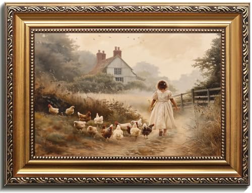 uniro Vintage Gold Framed Wall Art, Farmhouse Wall Decor Chicken Farm Girl Canvas Art Prints Painting, Rustic White Brown Chickens Artwork Picture, Antique Country Wall Decor for Living Room, Bedroom, Bathroom, Office, Vintage Home Decor - 12x16Inch