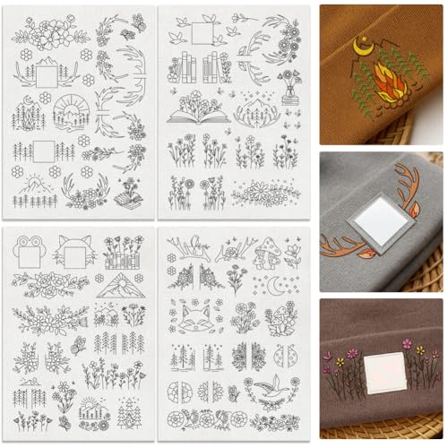 DOODLREAM 56Pcs Mountain Flower Vine Embroidery Pattern Stabilizer, 8.3'x11.7' Deer Antler Book Water Soluble Stick and Stitch Embroidery Sticker, 4 Sheets Tree Hat Hand Sewing DIY Embroidery Paper