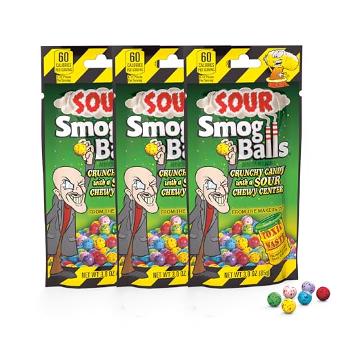 TOXIC WASTE - Sour Smog Balls - Crunchy & Chewy Sour Balls - Lime, Cherry, Strawberry, Lemon, Blue Raspberry, & Grape Flavors - 3 oz. Bags - 3-Pack