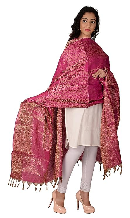 Women's & Girls Golden Zari Jacquard Banarsi Silk Dupatta (Tassels are Made by Hand)3