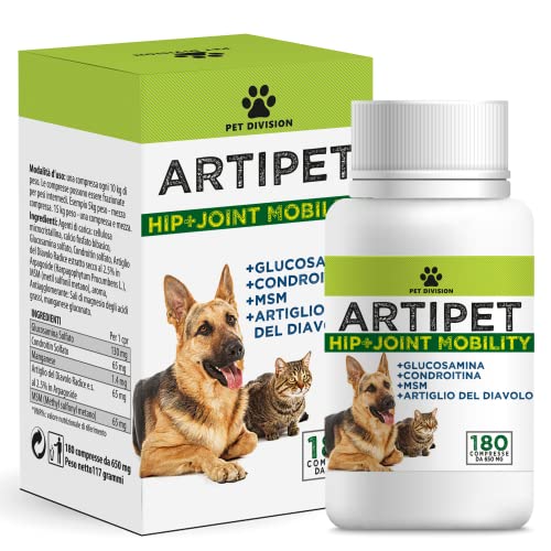 Artipet, integratore per articolazioni cani | 180 compresse a base di MSM, Artiglio del Diavolo, Condroitina e Glucosamina | per cani e gatti di tutte le taglie | Fornitura 6/9 mesi, Fatto in Italia