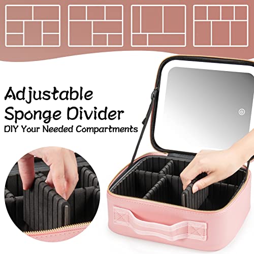Image of Extrei Gent Makeup Travel Train Case With Mirror Led Light 3 Adjustable Brightness Cosmetic Bag Portable Storage Adjustable Partition Makeup Jewelry Gift For Women, Pink