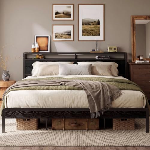 Image of LIKIMIO King Bed Frame with Headboard, Dark Wood Camas King with Strong Supports, Sturdy, Noise-Free, No Box Spring Needed, Black