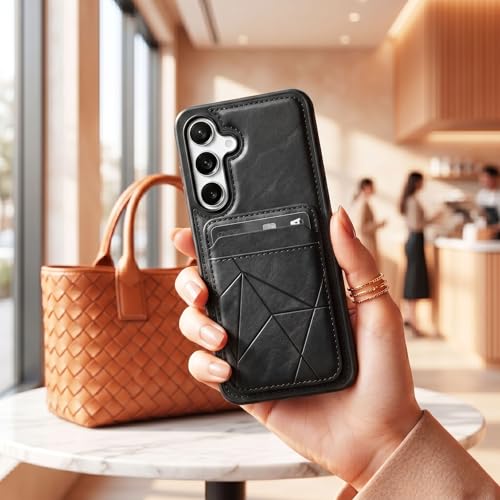 Image of amazon basics Premium Vegan Leather Back Cover with Card Holder and Integrated Mobile Stand for Samsung Galaxy S24FE 5G - Slim Shockproof Wallet Case with Geometric Stitching [Black]