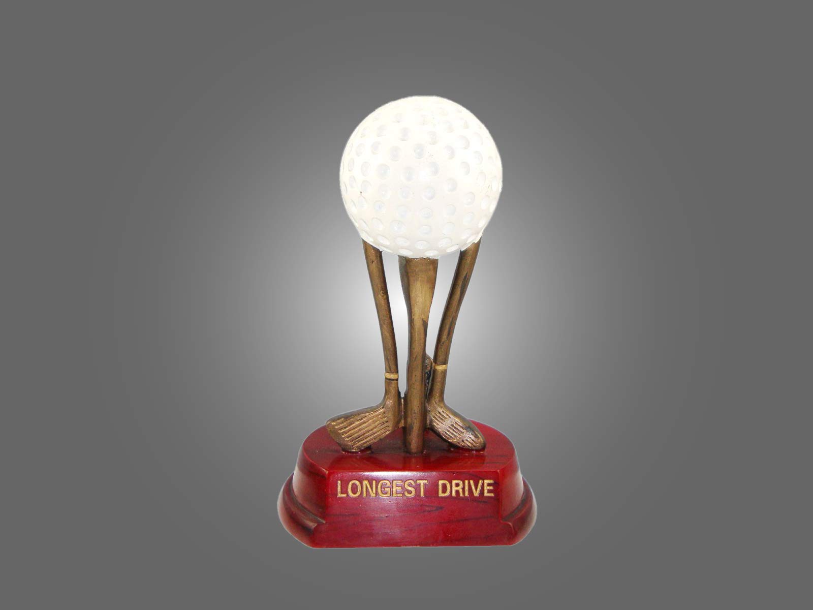 ⛳️ Golf-Pokal, Resin-Figur Golfball & Schläger -Longest Drive-, Golf Trophäe, weiß-altgold & Sockel DKL.rot, mit Wunschgravur