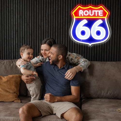 Image of Route 66 Neon Signs,LED Vintage 66 Road Lights, Room Decor for Garage,Home, Room, Man Cave, Party, Birthday Gift for Family Friends Kids-12.64x12.2 IN-USB Powered-Acrylic