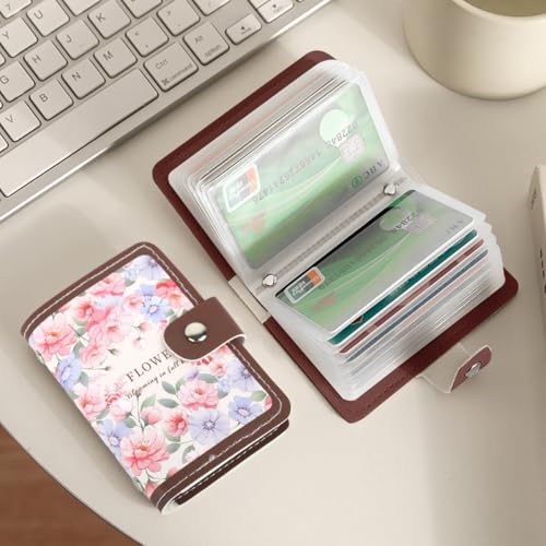 Image of PALAY Card Holder Brown PU Leather Credit Card Holder with 20 Transparent Card Pockets Painting Floral Printed Mini Wallet Mother's Day Birthday Gift for Women