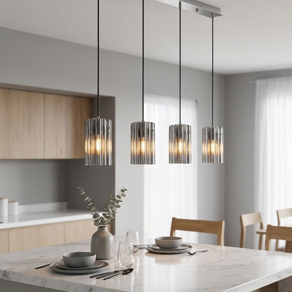 Pendelleuchte Hängeleuchte Glas silber Esszimmerlampe 4-Flammig, Metall, 4x E27 Fassungen, LxBxH: 80x11,5x120 cm
