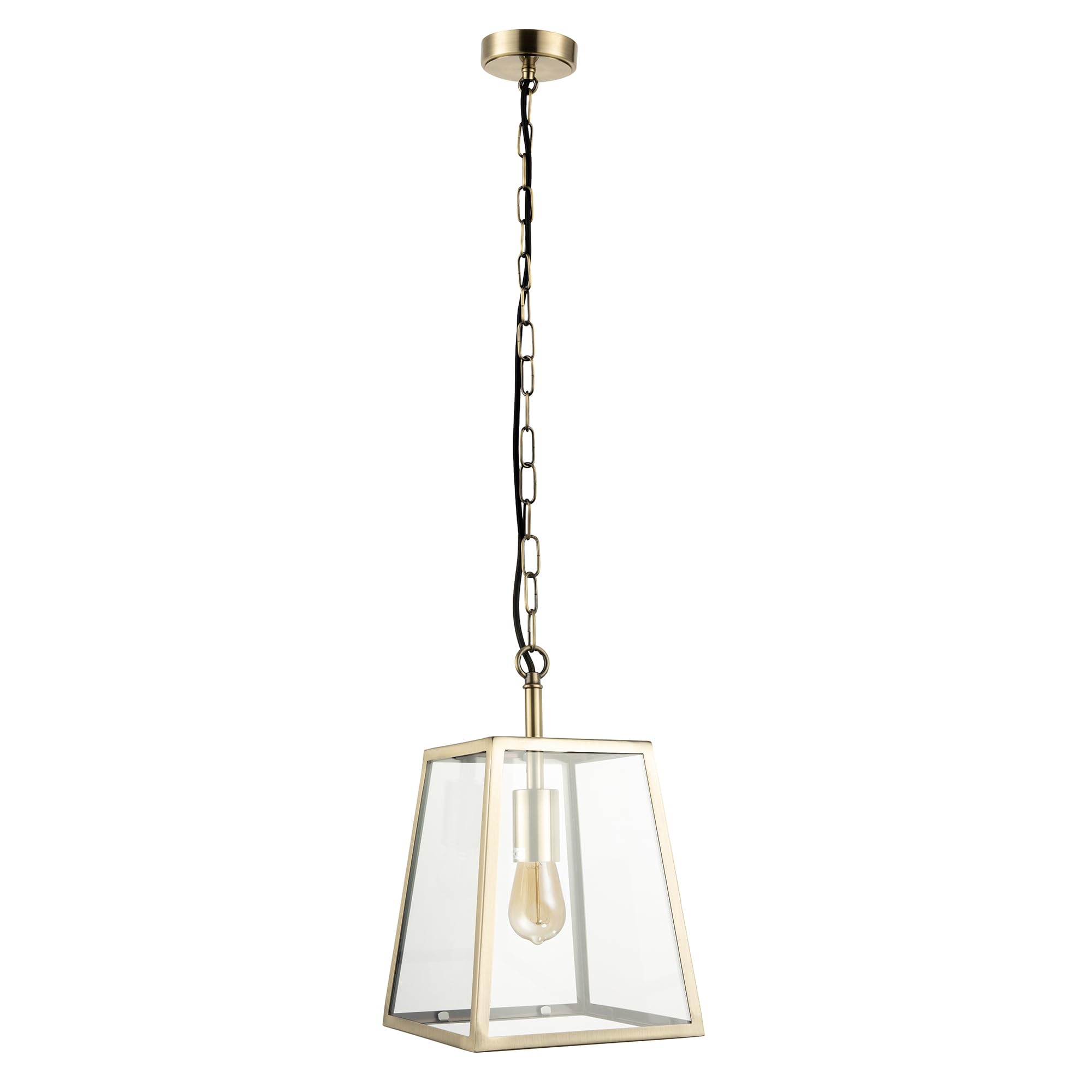 Happy Homewares Antique Brass Classic Lantern Pendant Ceiling Light In With Clear Glass Sides | 138Cm Maximum Height X 22Cm Width | 1 X 11W Led
