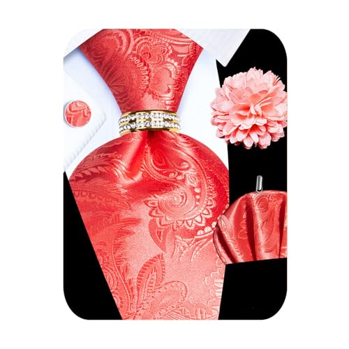 Image of 5PCS Mens Silk Designer Tie, Pocket Square, Cufflinks, Drilled Tie Ring and Lapel Pin Set for Wedding Groom Party