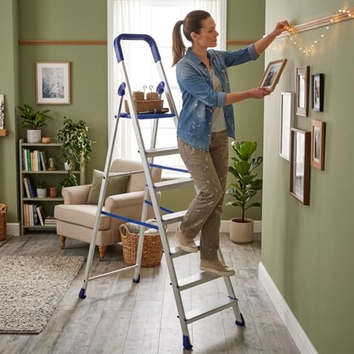 Image of CIPLA PLAST 7 Step Ladder for Home Use | Foldable Aluminium Ladder for Home with Scratch Resistant | Anti Skid Shoes and Extra Strong Wide Steps | Home Pro 7 Steps - GEC-L7 (Silver & Blue) (7 Steps)