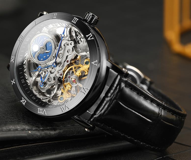 Image of FORSINING Men's Self Winding Automatic Watch Tourbillon Analog Skeleton Movement Moon Phase Wrist Watch with Genuine Leather Strap