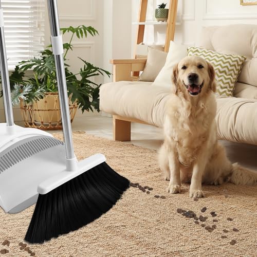 Image of Broom and Dustpan Set, 52 inch Adjustable Handle Broom, White | Dustpan Self-Cleaning Teeth for Hair, 52 inch Long Handle Standing dustpan,Suitable for Home Kitchen Office Hall Floor