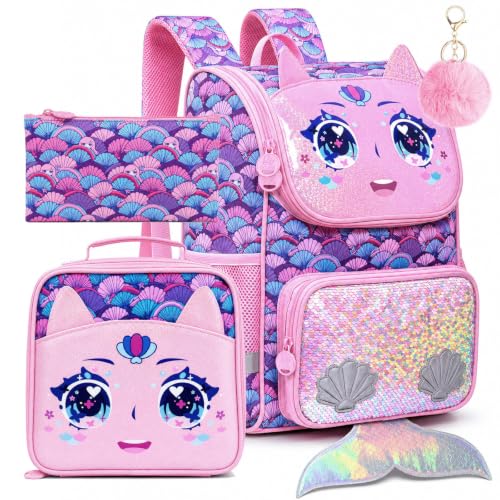 Image of KLFVB 3PCS Backpack for Girls and Boys, 15 inch Unicorn Dinosaur Bookbag with Lunch Box, Kids Preschool School bag