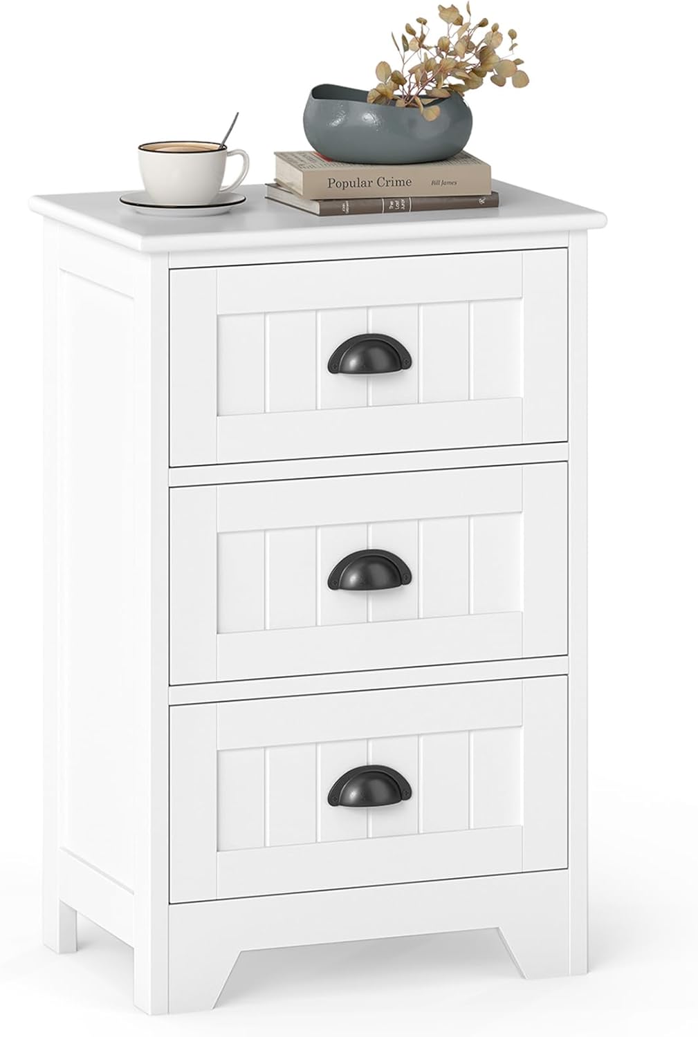 KOMFOTT Farmhouse Nightstand with 3 Storage Drawers, Sofa Side Table with Fluted Accents & Exquisite Metal Handles, Bedroom, Bedside Table with Ample Storage Space (White,1)