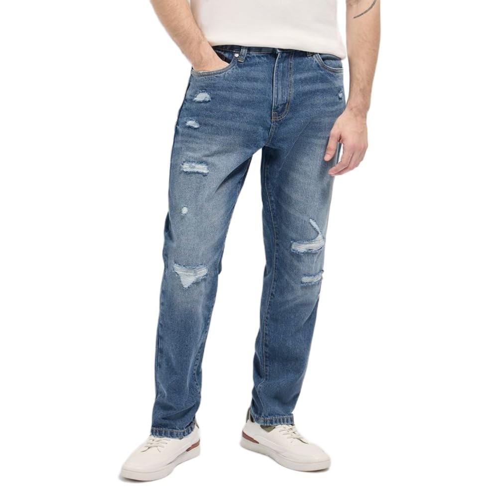 the bear house Men's Relaxed Fit Mid Blue Cotton Jeans-picture-53